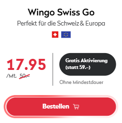 Wingo Swiss Go (Swisscom-Netz, CH unlimitiert: Anrufe & SMS, 10 GB + 1 GB Roaming EU/UK) + gratis Aktivierung