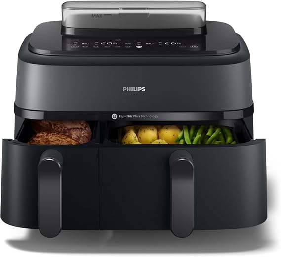 Zum neuen Bestpreis: Philips Steam Airfryer 5000 Heissluftfritteuse, Schwarz, 9 l, 2 Körbe