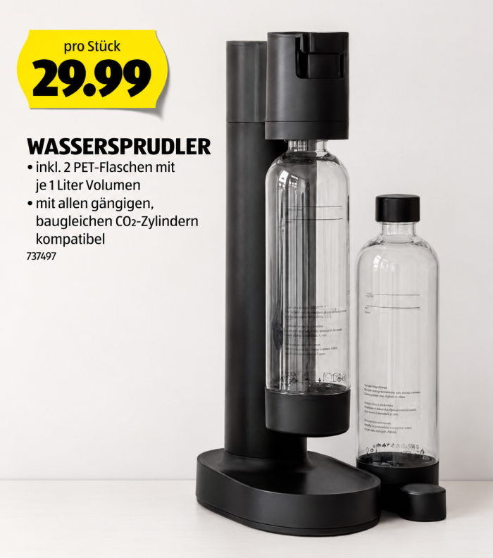 Minimalistischer Wassersprudler + 2x 1L-PET-Flaschen bei ALDI