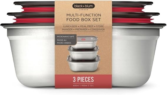 BLACK + BLUM Edelstahl-Multifunktionslunchbox mit Vakuum-Deckel 3er-Set bei Amazon