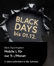 Quickline Black Days. Mobile L schweizweit unlimitiert Daten mit 5GB/Mt Roaming inklusive für nur 9.–/Mt.