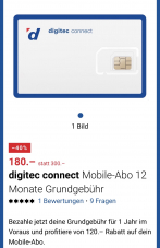 digitec connect Mobile-Abo 12 Monate Grundgebühr für 180.- statt 300.- CHF
