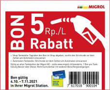 Migrol 5 Rappen pro Liter Benzin oder Diesel / Gutschein Oktober 2021