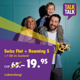 TalkTalk Swiss Flat + Roaming S (CH alles unlim, 1GB & 100min Roaming-Telefonie) + CHF 25.- Shopping-Gutscheine