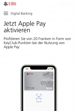 UBS: CHF 20.- in KeyClub-Punkten bei dreimaliger Zahlung mit Apple Pay im April