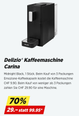 Delizio Carina Kaffeemaschine für effektiv 9.90 Franken (beim Kauf von 3 Pack Emozione Kaffeekapseln)