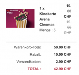 5 Kino Tickets für Arena Cinemas ab 8.58 inkl. Versandkosten pro Ticket