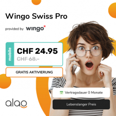 Wingo Swiss Pro (unlimitierte Daten, Telefonie) sowie 1GB Roaming/100 Minuten Roaming-Telefonie