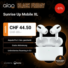 Sunrise Up Mobile XL (CH alles unlimitiert inkl. 5G, alles unlim. in EU, unlim. Telefonie nach/von EU) + AirPods Pro 2 + CHF 100.- Shopping-Gutschein + Cashback