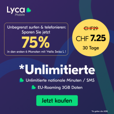 Lyca Mobile Abo für 6 Monate mit CH alles unlim., 3GB Roaming, 1000Min. EU-Telefonie & eSIM, z.B. als Zweitnummer