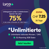 Lyca Mobile Abo mit CH alles unlimitiert (100 GB Highspeed), 3 GB Roaming & 1000 Min./SMS in EU zum Aktionspreis für 6 Monate