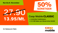 50% auf Coop Mobile Classic - Unlim. Telefonie + SMS, bis zu 7GB akkumulierbare Daten / Mt. im Swisscom Netz