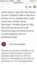 PostFinance: iTunes Karten 100.- & 15%