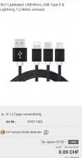 “Gratis” 3in1 Ladekabel: USB Micro, USB Type-C & Lightning, 1,2 Meter, schwarz bei Pearl