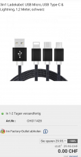 „Gratis“ 3in1 Ladekabel: USB Micro, USB Type-C & Lightning, 1,2 Meter, schwarz bei Pearl