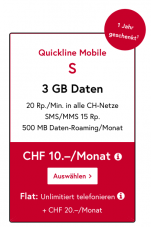 Quickline Mobile (Sunrise Netz) 3 GB Daten Schweiz und 500 MB EU,USA&CAN