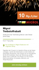 10 Rp. / L günstiger tanken bei Migrol mit der Migrolino-App