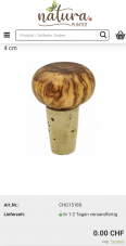 “Gratis” Flaschenverschluss Kugel aus Olivenholz, 5 x 4 cm bei natura-punto.ch (Versandkosten von 8.95 Franken)