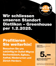 Outlet-Schliessung in Dietlikon - Migros-Rabattcoupon sichern!