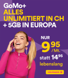 GoMo: CH alles unlimitiert + 5GB EU-Roaming für CHF 9.95 (auch für Neukunden!)