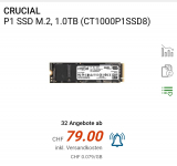 Crucial P1 M.2 NVMe  1 TB bei Digitec für CHF 79.-