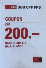 CHF 200.- Rabatt auf GA 2. Klasse beim Online-Kauf