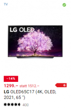 LG OLED65C1 für 1’299.- bei digitec