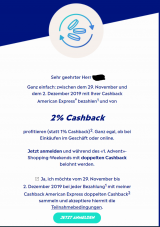 DOPPELTEN AMEX CASHBACK - 2% vom 29.11.19-2.12.19 (Anmeldung notwendig)