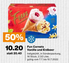 Fun Cornets Vanille und Erdbeer zum halben Preis CHF 10.20