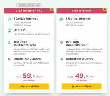 1Gbit/s Internet bei UPC für CHF 49.- Monat, inkl. TV für 59.- (gültig: 24 Monate – nur Neukunden)