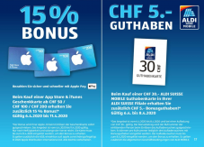 Ab 6. April: 15% Bonus für iTunes Geschenkkarten und 5.- Guthaben ab 30.- für Aldi Suisse Mobile