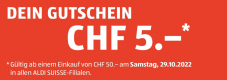 Nur heute: 5 Franken Rabatt ab einem Einkauf von 50 Franken in allen Aldi Suisse Filialen