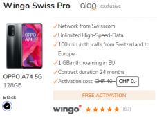 Wingo Swiss Pro (CH Alles unlim. + 100min/1GB EU) + Oppo A74 5G + 75 Franken Offerz-Gutschein bei Alao