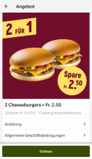 2 Cheeseburger für Fr 2.50 (nur mit App und Login)