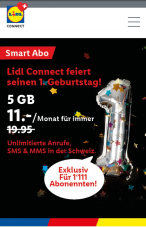 Lidl Connect – 5 GB + Telefonie und SMS unlimitiert für die ersten 1’111 Kunden für immer