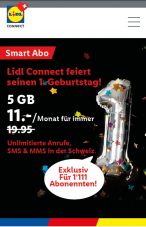 Lidl Connect - 5 GB + Telefonie und SMS unlimitiert für die ersten 1’111 Kunden für immer