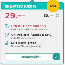 UPC Mobile – Unlimited Europe zum Aktionspreis von 29.-