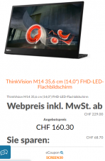 Höhere Rabatte im Cyber-Sale, z.B. ThinkVision M14 portables Bildschirm im Lenovo Store