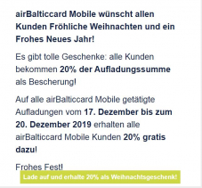 airBalticcard Mobile Roaming SIM – 20% Gratis für jede Aufladung