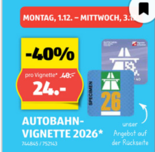 Vignette oder E-Vignette 2026 bei ALDI für 24.- ab 70.- Einkauf (1-3. Dezember 25)
