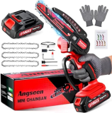Angseen 6Zoll-Akku-Kettensäge, mit 3 Ketten, 850 W Motor, Sicherheitsschloss in Rot oder Hellgrün / 40% Rabatt