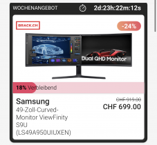 Samsung 49″ curved Monitor QLED S9U für nur 699.- in der Twint App