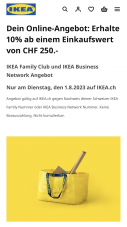 IKEA Gutschein - 10% ab 250.- am 01.08.2023 (nur online)