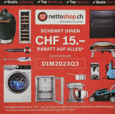Nettoshop Gutschein für CHF 15.- Rabatt ab CHF 150.- Bestellwert bis 30.11.2023
