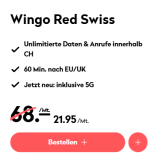 Wingo Handy-Abo Red Swiss (Swisscom-Netz, in der Schweiz alles unlimitiert, 60 Min. nach EU/UK)