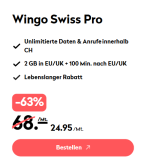 Wingo Swiss Pro (CH alles unlim., 2 GB in EU/UK & 100 Min. Telefonie nach EU/UK + Gratis Aktivierung)