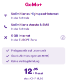 GoMo+ (alles unlimitiert in der Schweiz + 5 GB Roaming in der EU, gratis Aktivierung)