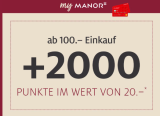 Manor Gutschein: CHF 20.- bzw. 2000 Punkte geschenkt ab CHF 100.- Einkauf, gültig bis 15.2.2025 (Manor Member)