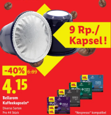 Bellarom Nespresso-kompatible Kaffeekapseln bei LIDL für nur 9 Rappen pro Stück