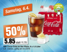 Heute (6.4.2019) 50% Rabatt auf alle Coca Cola im 6er Pack (6 x 1.5l) bei Migros und LeShop + bis 33% zusätzlich mit Cumulus Punktekarte